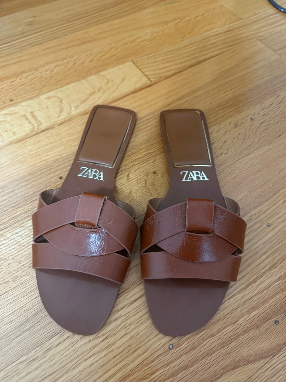 Zara Cognac Woven Leather Slide Sandals